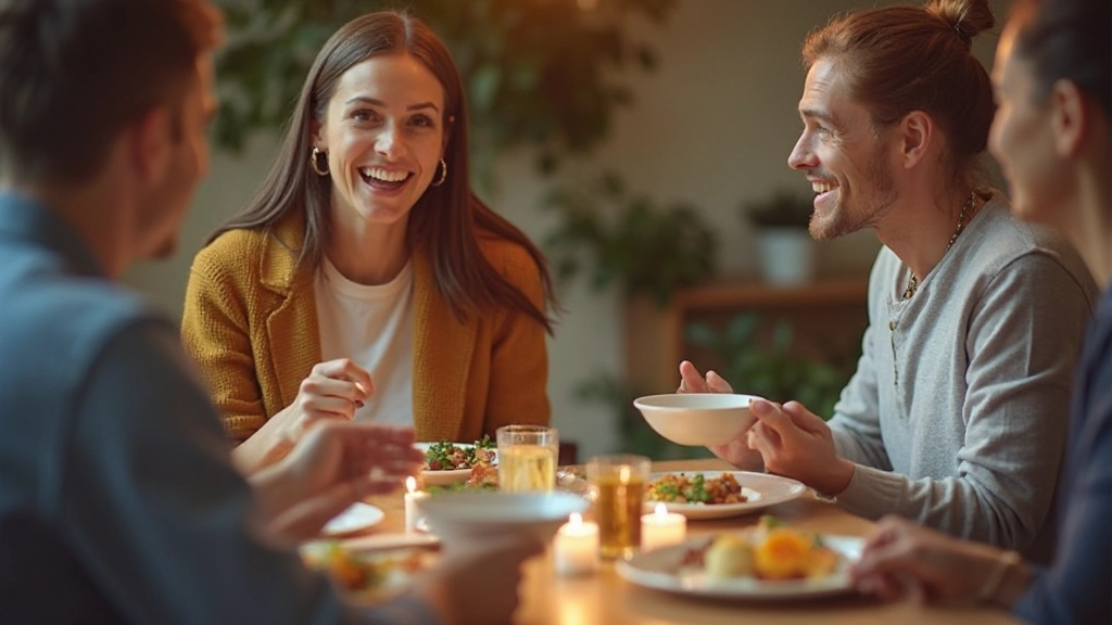 Menschen essen zusammen und unterhalten sich, gemeinsame Mahlzeit, Lachen und echte Verbindung, Tischszene