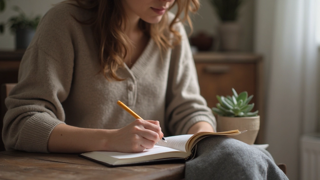 Person schreibt in einem Journal oder Tagebuch, reflektive Pose, ruhige und achtsame Atmosphäre, morgens oder abends Licht