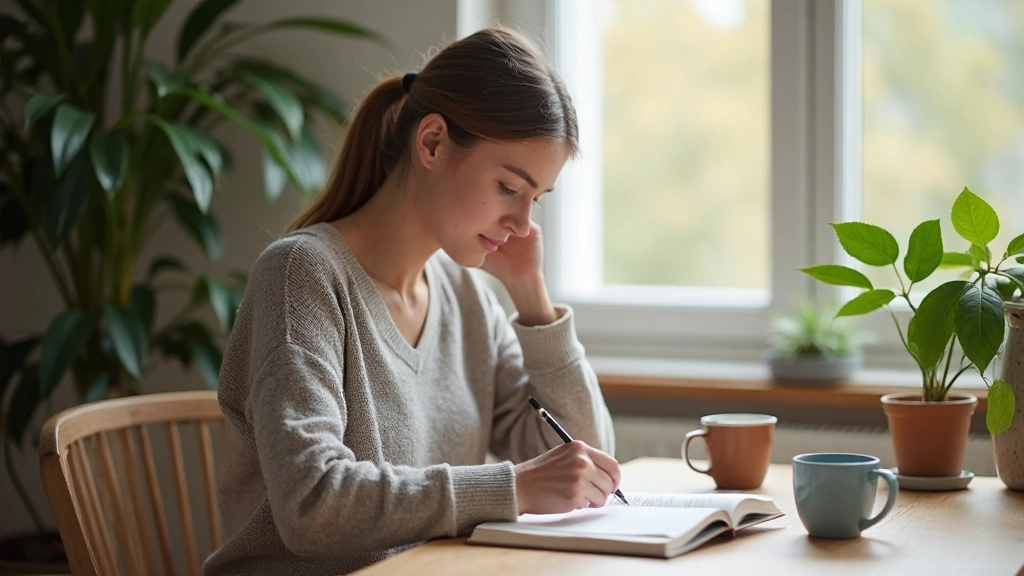 Person schreibt in ein Notizbuch, sitzt an einem Tisch mit Tasse Kaffee und Pflanze, natürliches Licht, friedliche Atmosphäre