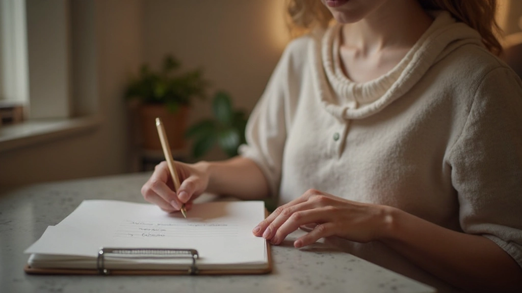 Person mit handgeschriebenem Brief oder Karte, mit Füllfeder, warmes Licht, persönliche und durchdachte Geste