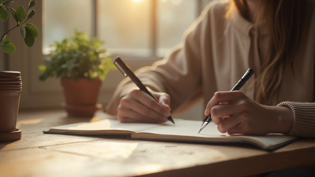 Person schreibt in Dankbarkeitstagebuch mit natürlichem Morgenlicht