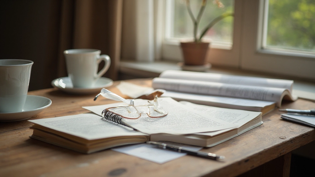 Buch über positive Psychologie auf Tisch mit Notizen, Bleistift und Lesebrille