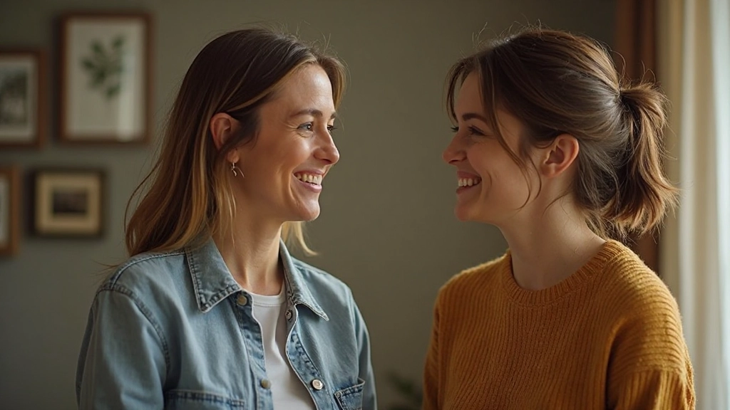 Zwei Menschen führen ein aufmerksames Gespräch, Augenkontakt, warme Beleuchtung in einem gemütlichen Raum, beide lächeln leicht