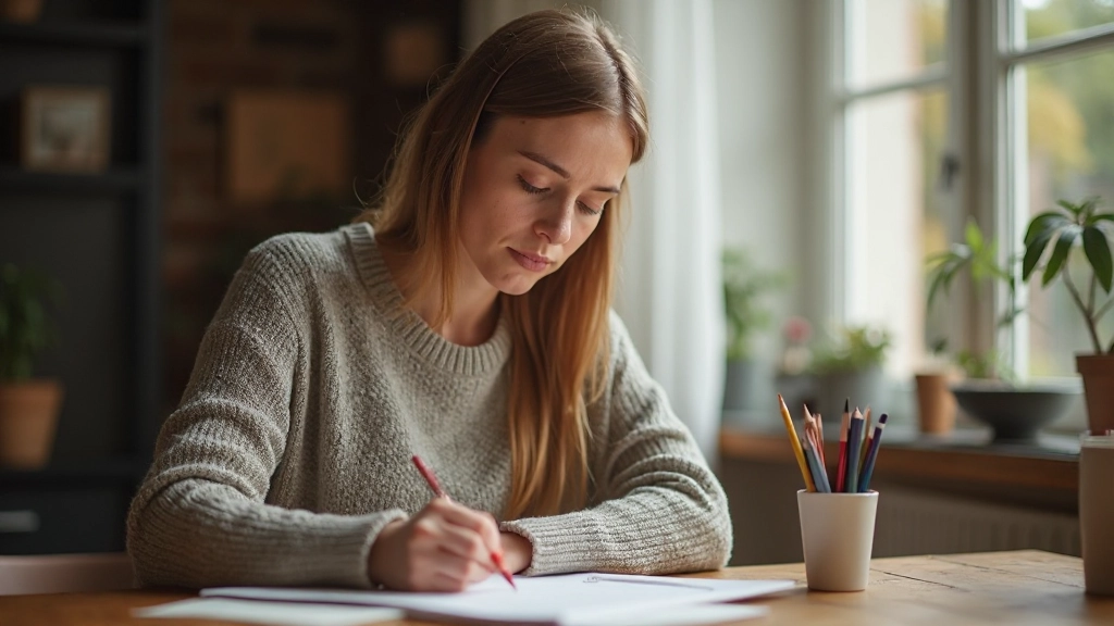 Person schreibt eine handgeschriebene Nachricht, natürliches Licht fällt durch das Fenster, achtsame und ruhige Atmosphäre