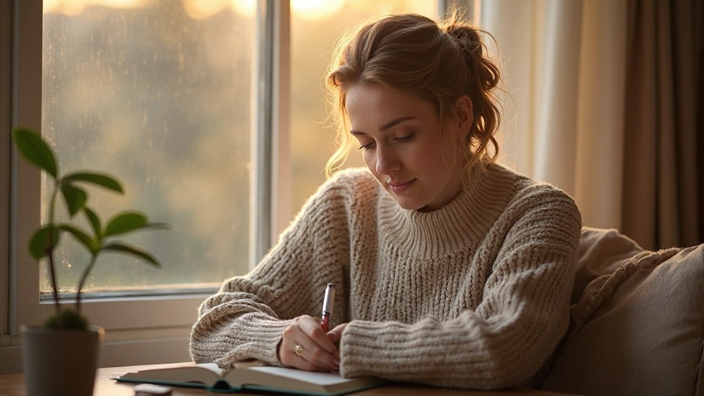 Person sitzt am Fenster mit Notizbuch und schreibt ihre Gedanken auf, warmes Licht von außen