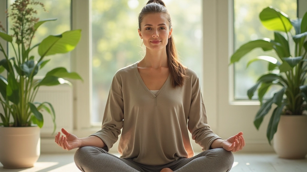 Person meditiert auf Yogamatte in hellem Raum mit Pflanze und Sonnenlicht
