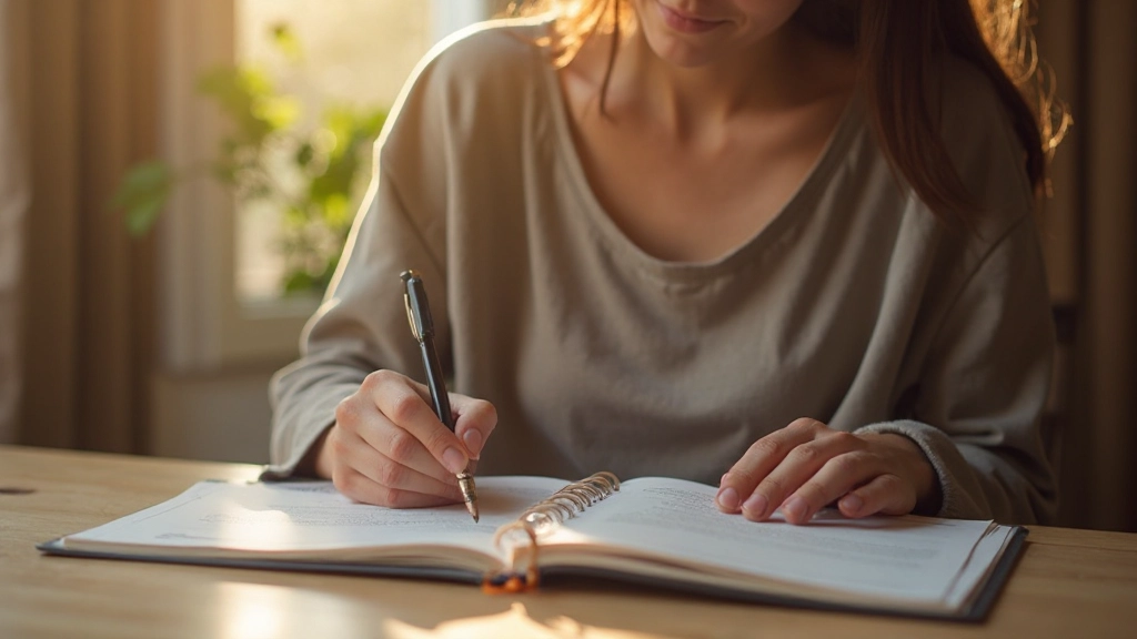 Person mit Notizbuch schreibt Dankbarkeitstagebuch