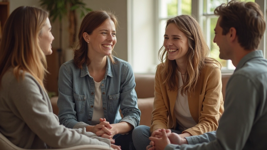 Gruppe von Menschen sitzt im Kreis und hat ein positives Gespräch, Lächeln und offene Körpersprache