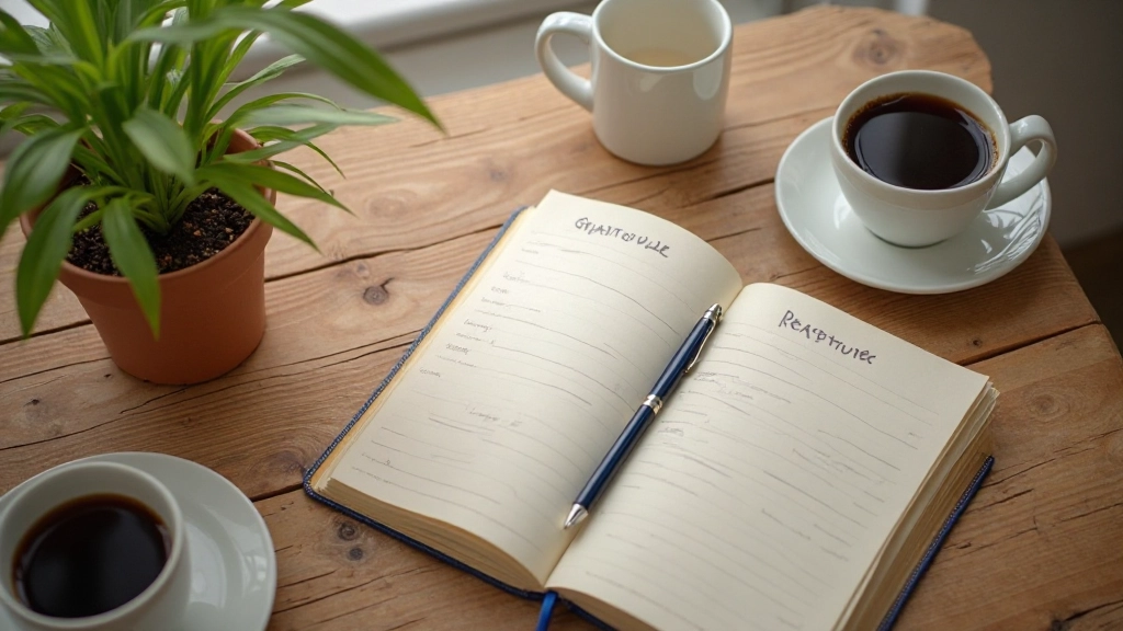 Morgenroutine mit Kaffee, offenes Dankbarkeitstagebuch und Notizbuch auf Holztisch
