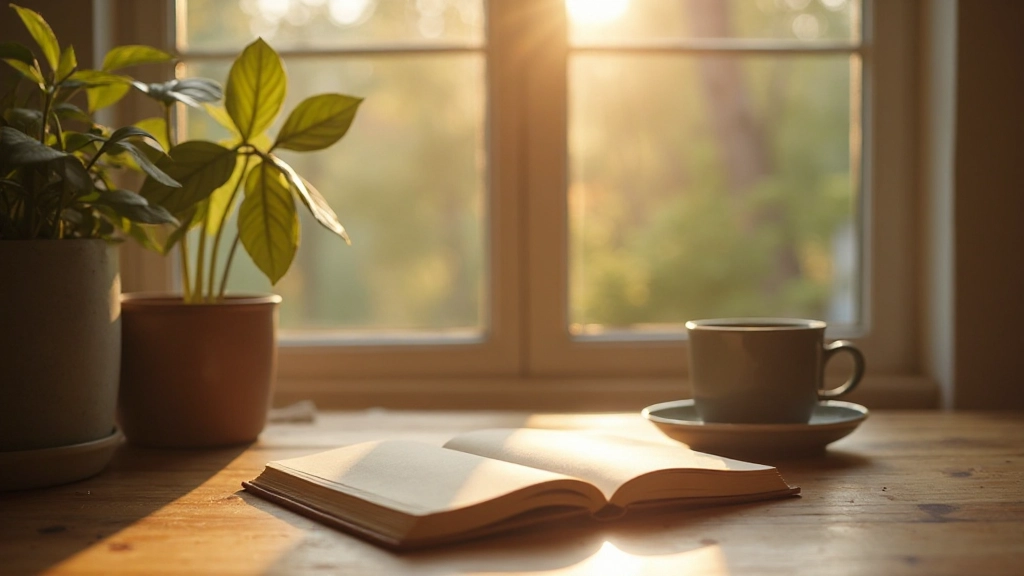 Person sitzt in ruhiger Umgebung mit offenem Tagebuch, Morgensonne fällt durch Fenster