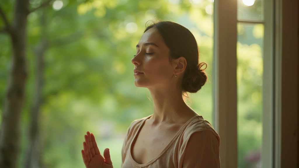 Frau sitzt in Meditationshaltung mit ruhigem Gesichtsausdruck, natürliches Licht von hinten, grüner unscharfer Hintergrund